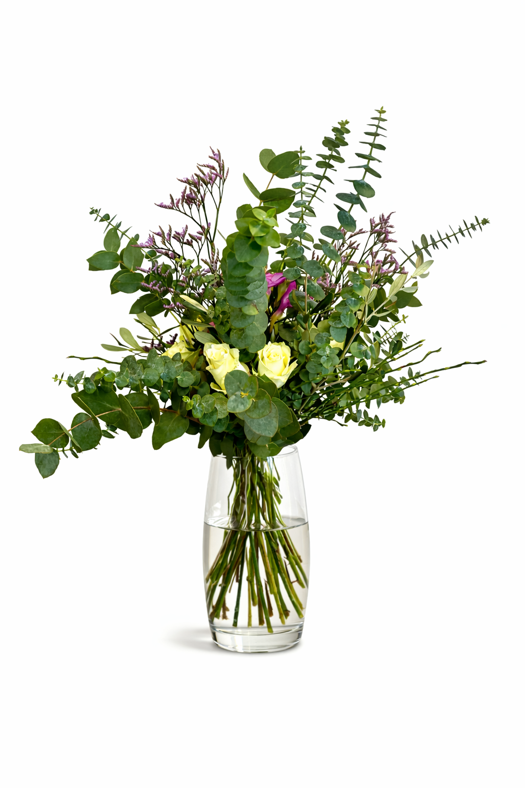 Glücksbringer Strauß mit Eukalyptus und Rosen