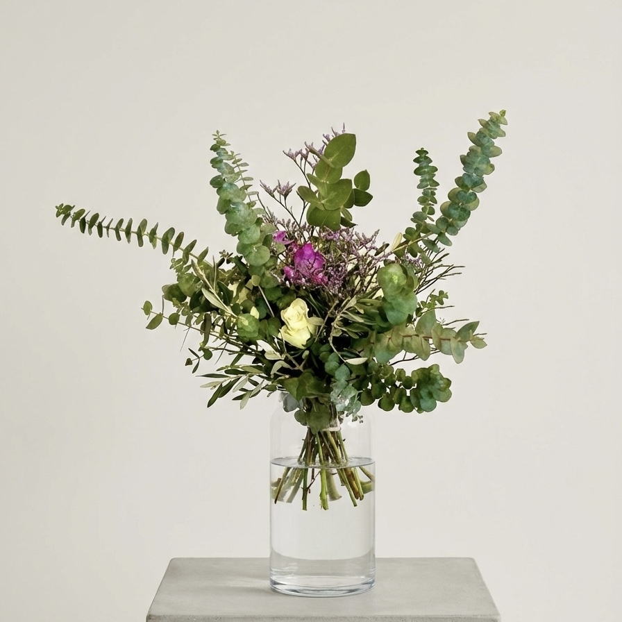 Glücksbringer Strauß mit Eukalyptus und Rosen