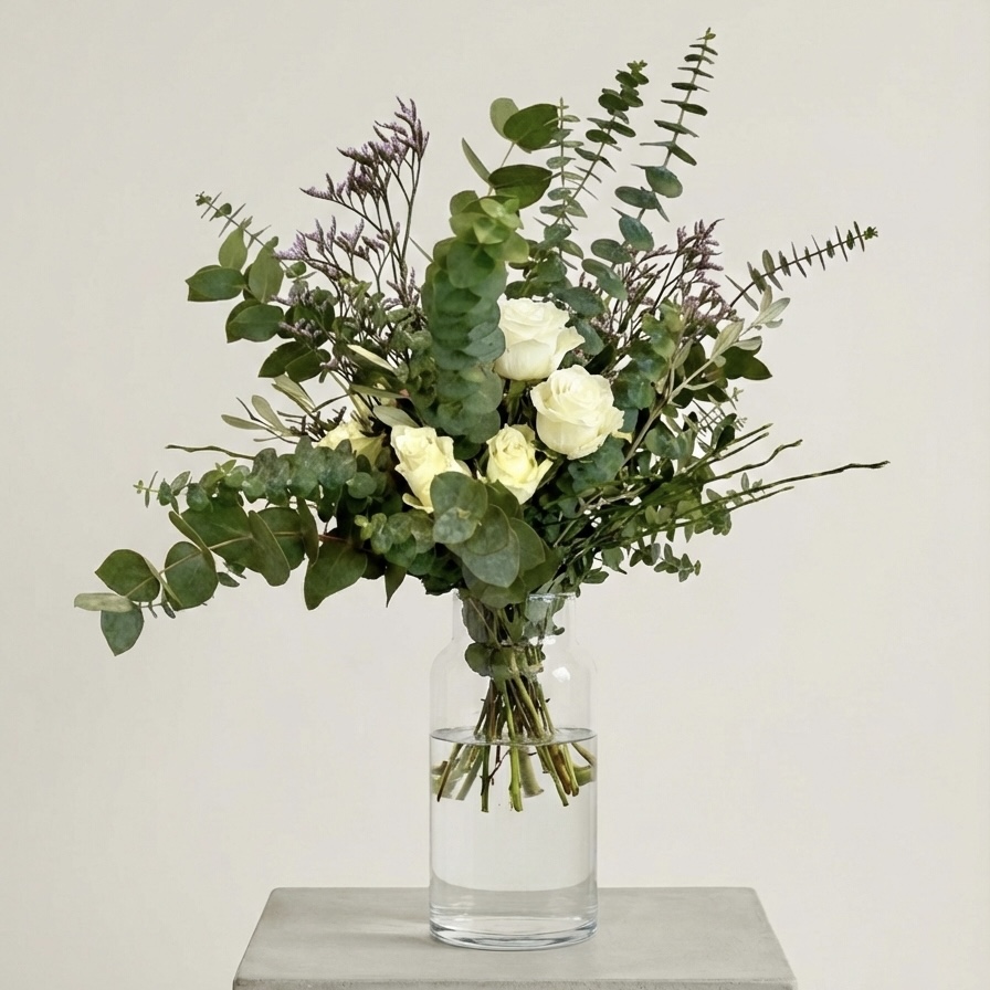 Glücksbringer Strauß mit Eukalyptus und Rosen