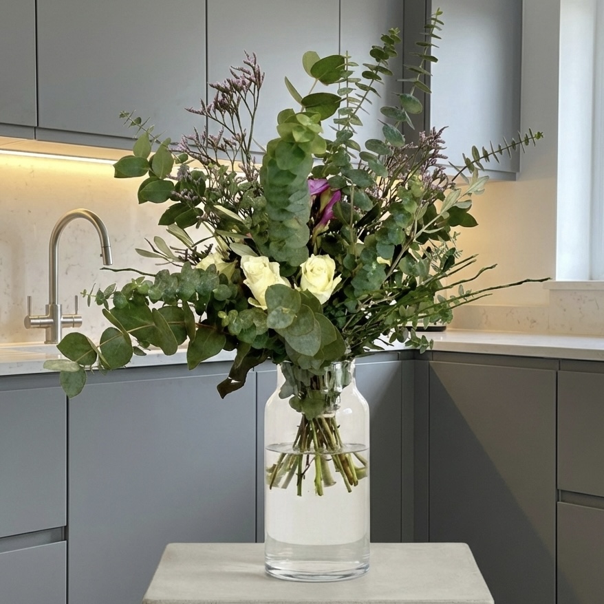 Glücksbringer Strauß mit Eukalyptus und Rosen