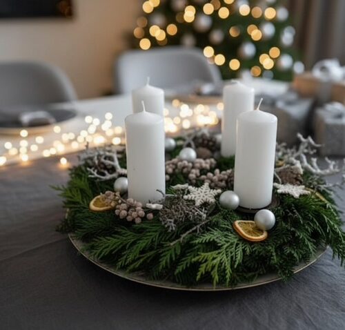 eleganter Adventskranz in weiß