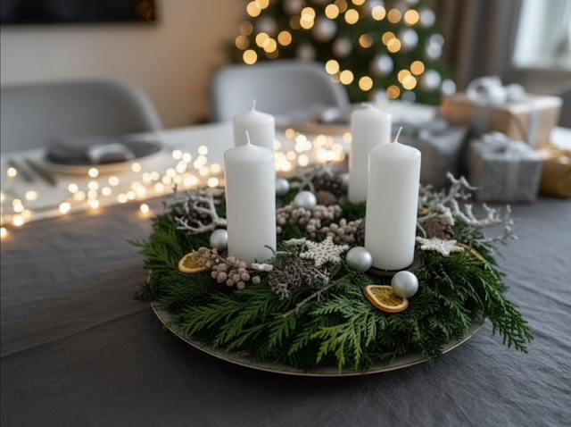 eleganter Adventskranz in weiß