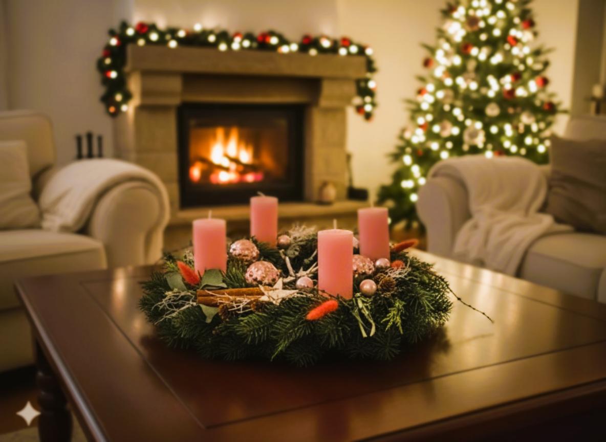 Adventskranz in rosa mit 4 Kerzen