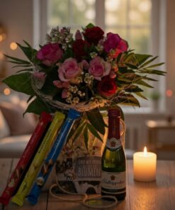 Blumen Strauß Rosen kleiner Charmeure Blumenstrauß in Ambiente und Kerze