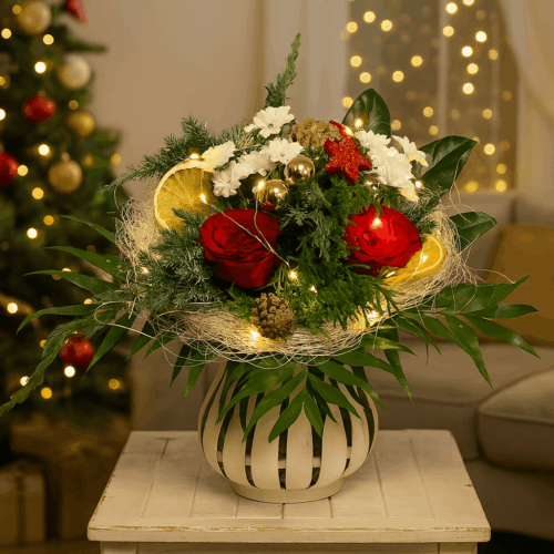 Lichterstrauß Frohes Fest, der Adventsstrauß in rot mit LED Lichterkette