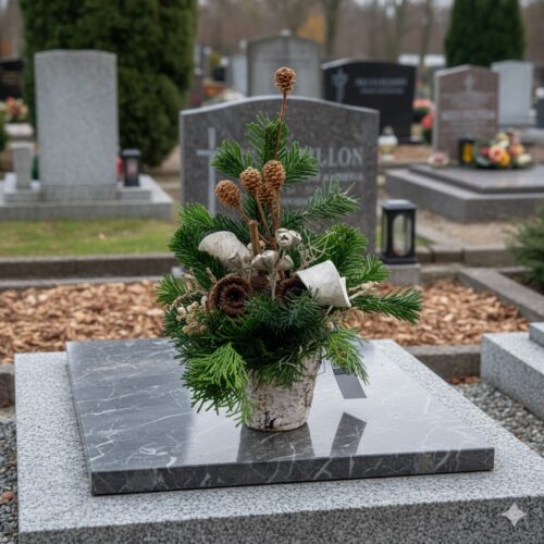 Gesteck für den Friedhof im Birkentopf