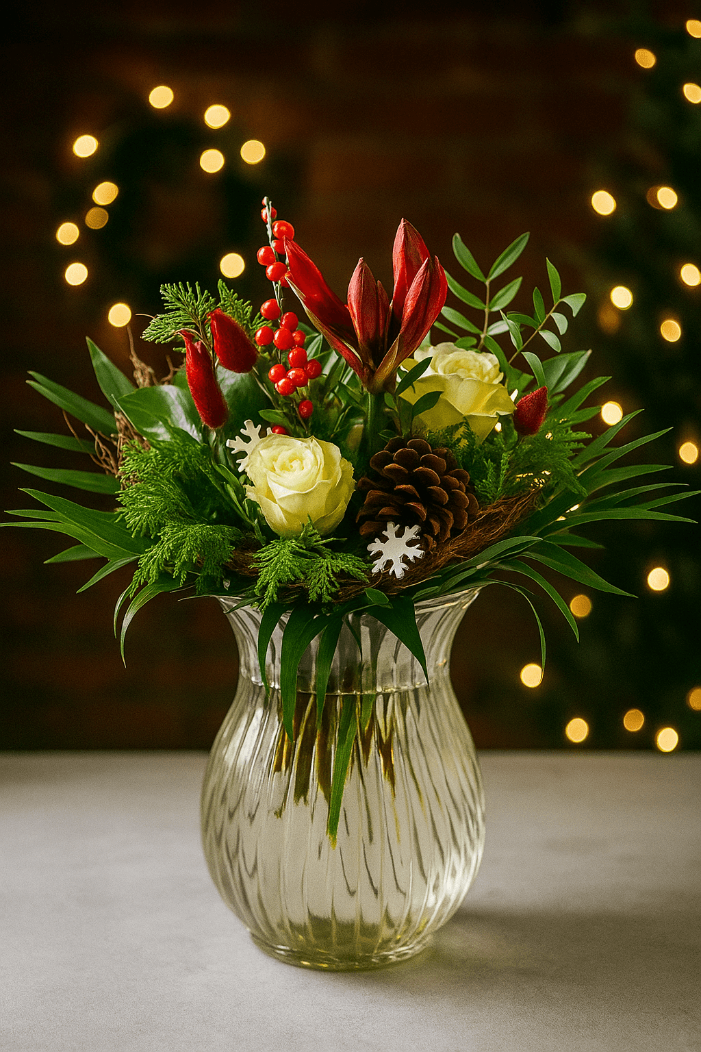 roter Weihnachtsstrauß mit weißen Rosen