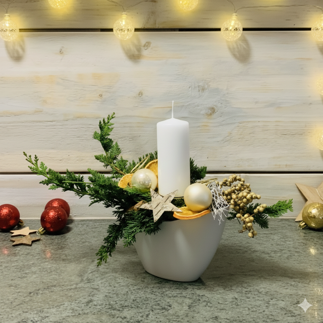 weiße Kerze im Gesteck zum Advent