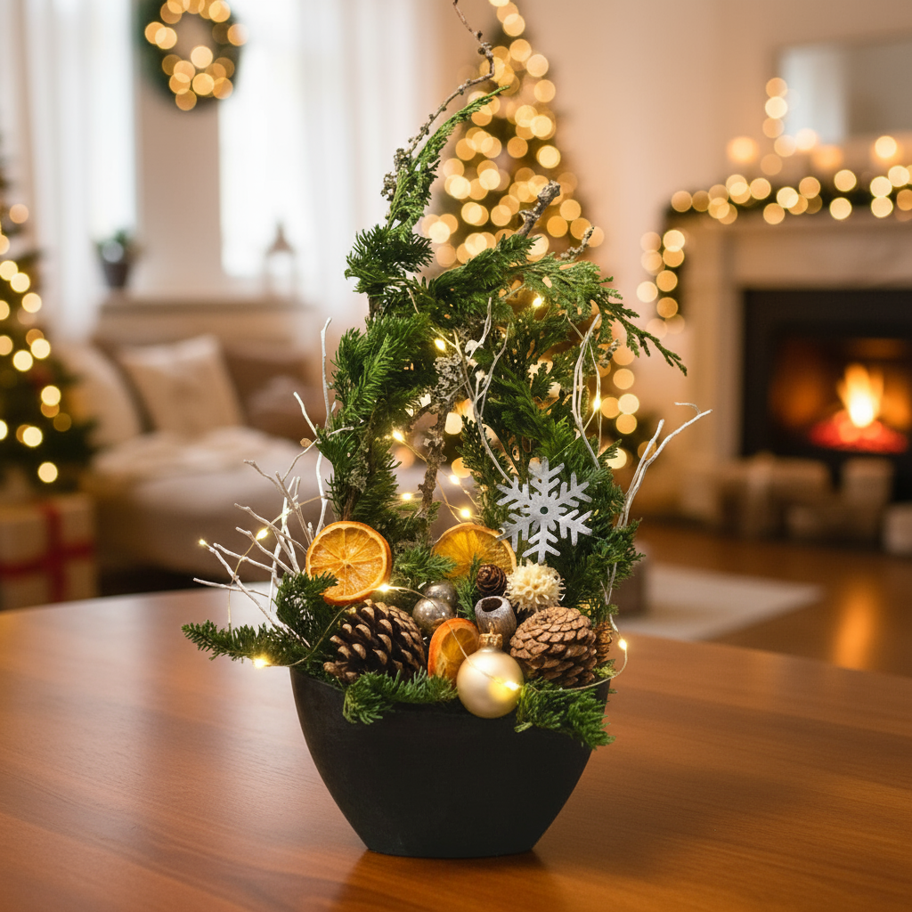 Adventsgesteck Tisch mit LED Lichterkette mit Anthrazit Gefäß quer _hoch in Ambiente
