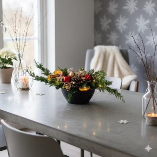 Adventsgesteck flach und breit mit LED Licht in anthrazit Gefäß