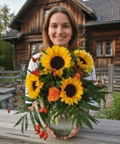 glückliche Frau mit Strauß Sonnenblumen vor einem Holzhaus